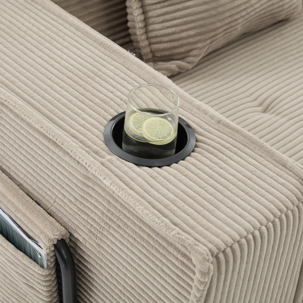Divano letto 2 posti in velluto a coste kaki con pouf; 2 cuscini; portabicchieri e tasche