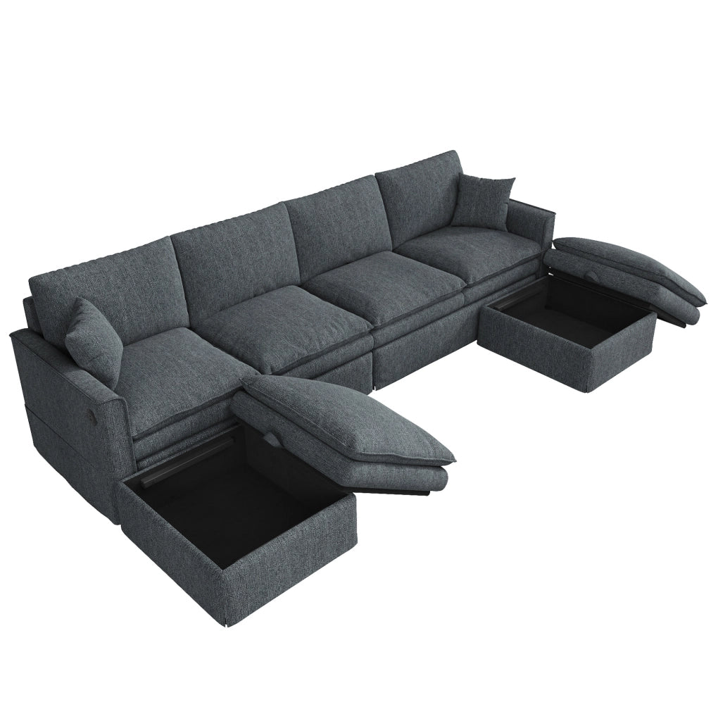 Divano angolare modulare a U/L da 6 posti con due pouf mobili contenitore, tessuto cotone-lino grigio, 277×80×135 cm