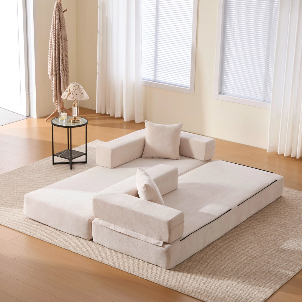 Divano modulare con tasche laterali e base antiscivolo in chenille beige