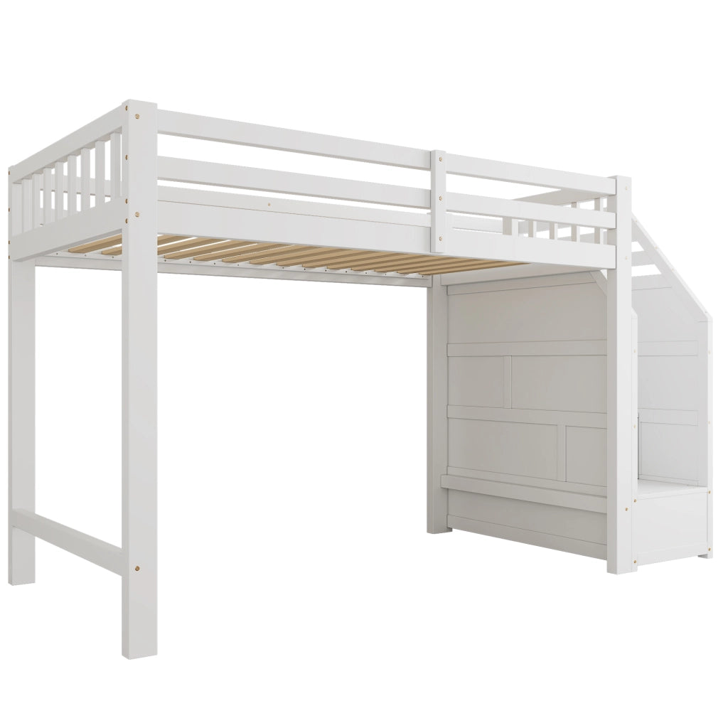 Letto a Soppalco 90x200 cm - Scala Contenitore; Parapetto - in MDF e Legno - Bianco