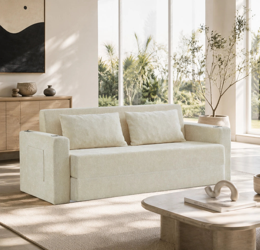 Divano letto 2 posti pieghevole con USB e portabevande in ciniglia beige
