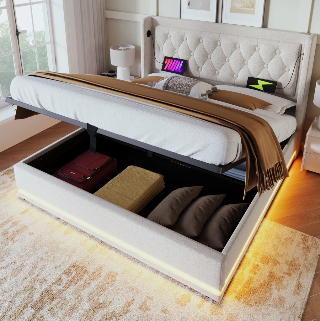 Letto contenitore beige 140 x 200 cm con LED, ricarica USB e Tipo-C