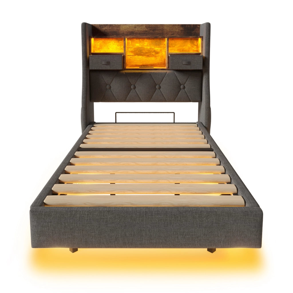 Letto singolo 90 × 200 cm 1 posto con LED regolabile; testiera contenitore; 3 USB e Type-C; senza materasso; grigio