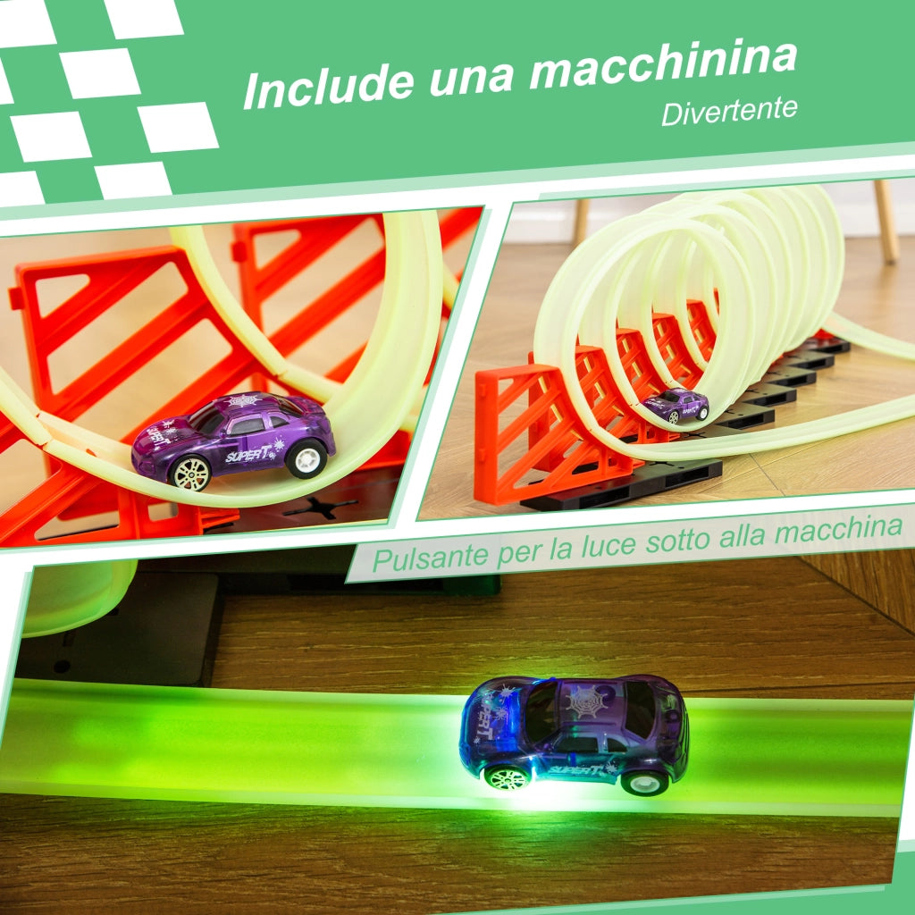 Pista per Macchinine con Effetti Luminosi e Macchinina Inclusa in Plastica Resistente, Gioco per Bambini 3-6 Anni, Verde e Rosso