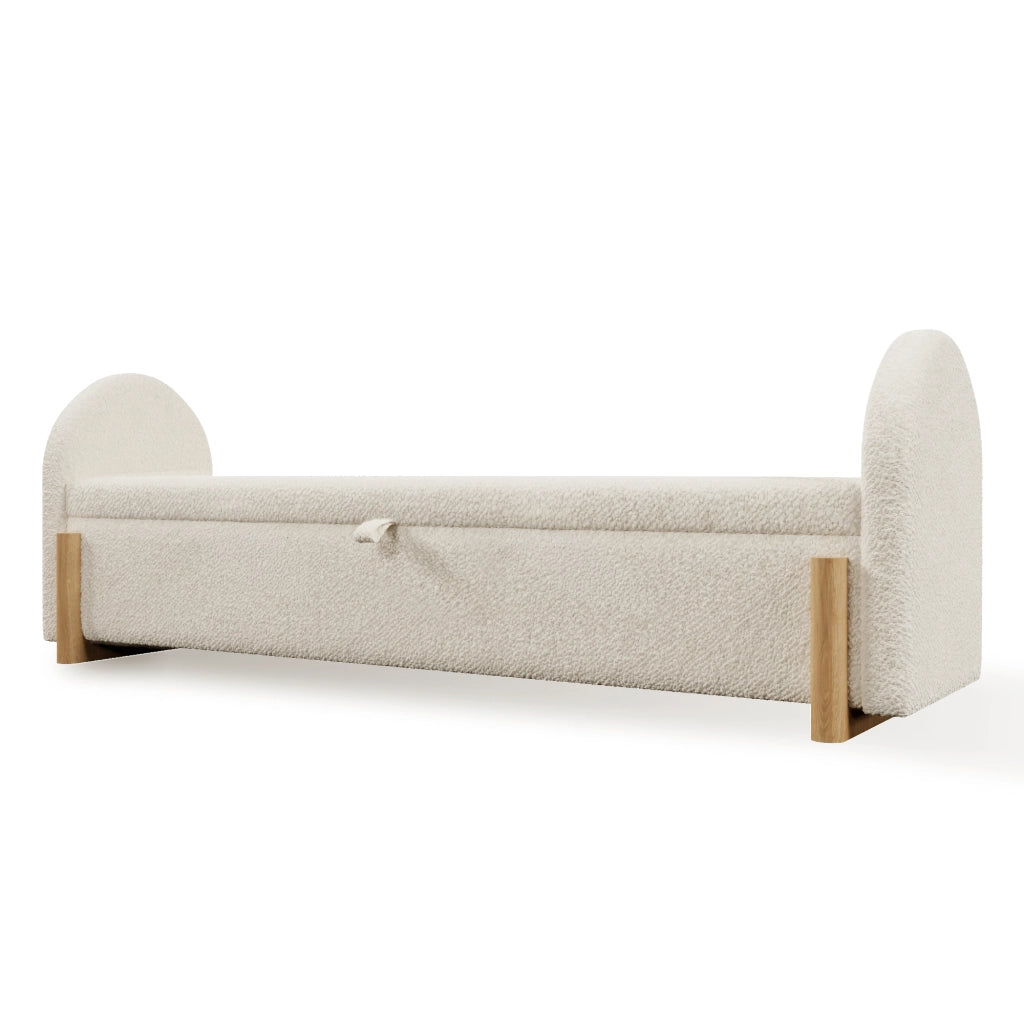 Panca contenitore da letto 146x47x61 cm con vano idraulico in ciniglia bouclé bianca