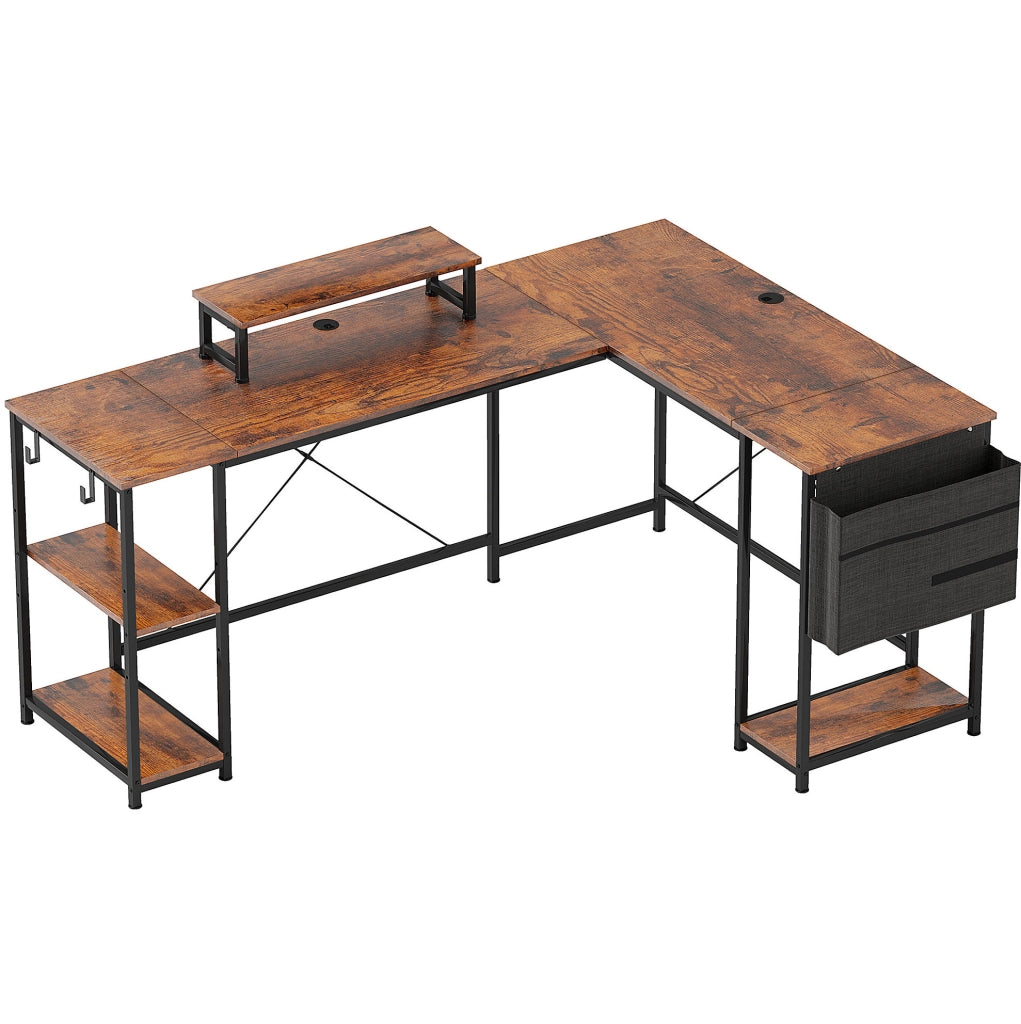 Scrivania angolare a L 168x120 cm con ripiani e portaoggetti, supporto monitor ergonomico, marrone rustico