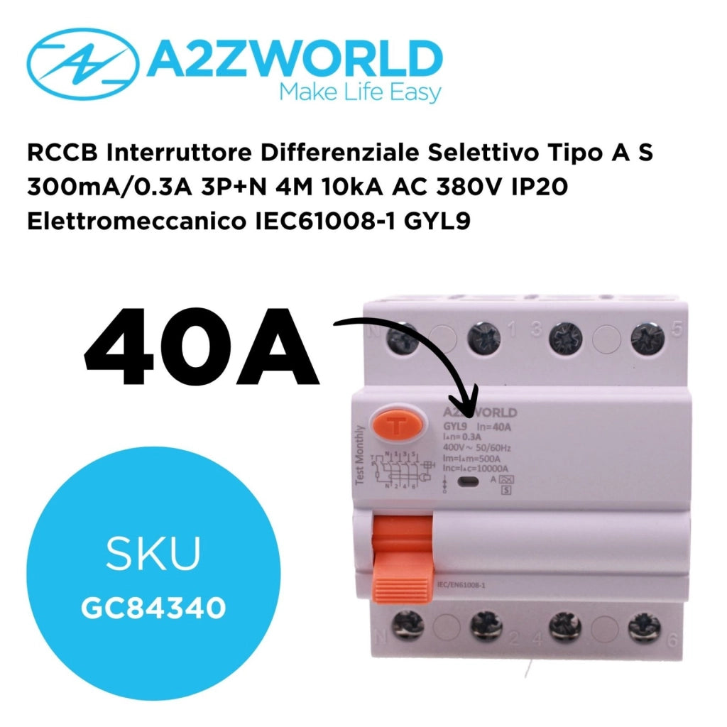 RCCB Interruttore Differenziale Selettivo Tipo A S 300mA/0.3A 3P+N 4M 10kA AC 400V IP20 Elettromeccanico IEC61008-1 GYL9, Corrente Disponibili 40A 63A 100A (40A)