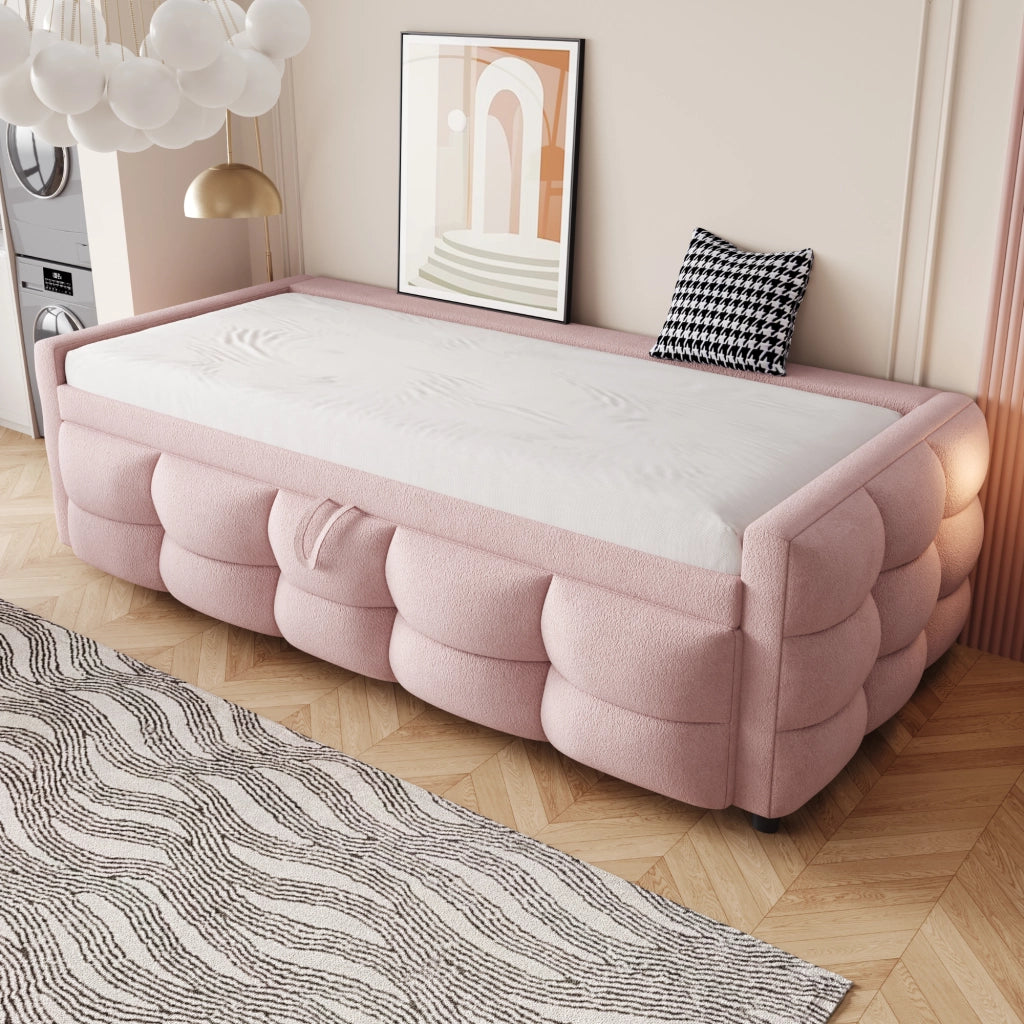 Letto imbottito estraibile singolo e matrimoniale 90/180×190 cm con rete; senza materasso; teddy; rosa