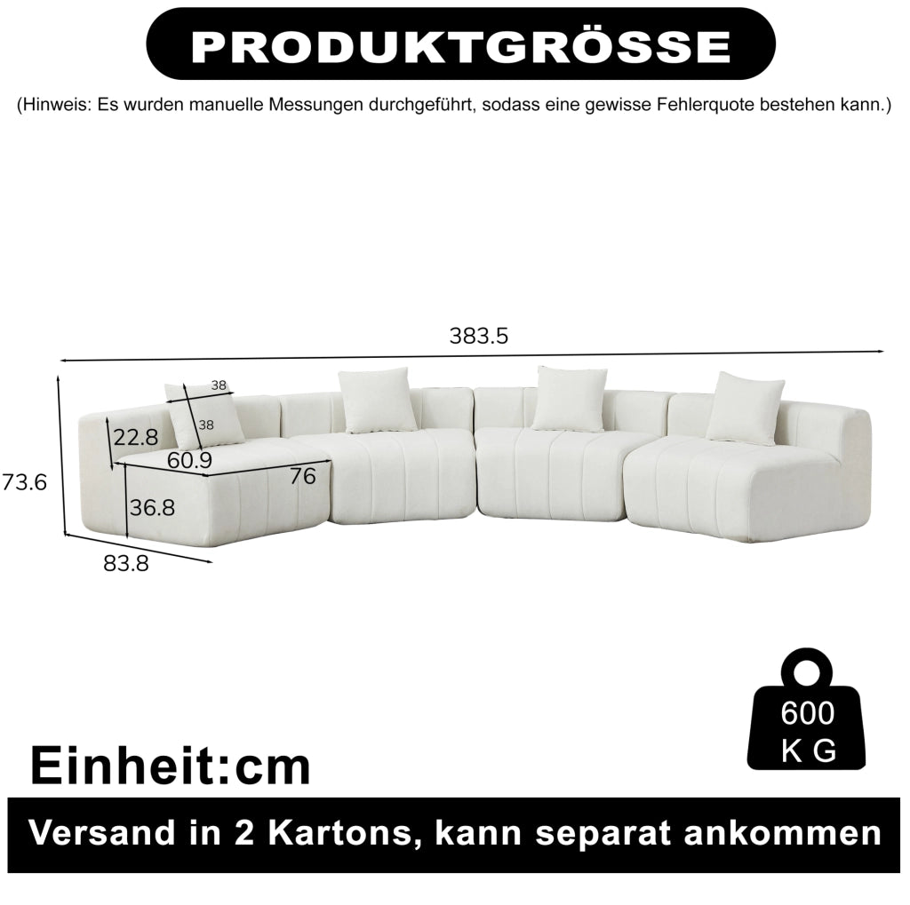 Divano modulare curvo in chenille beige con 2 cuscini