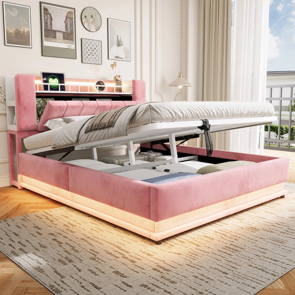 Letto imbottito rosa 160x200 con LED; USB e contenitore idraulico