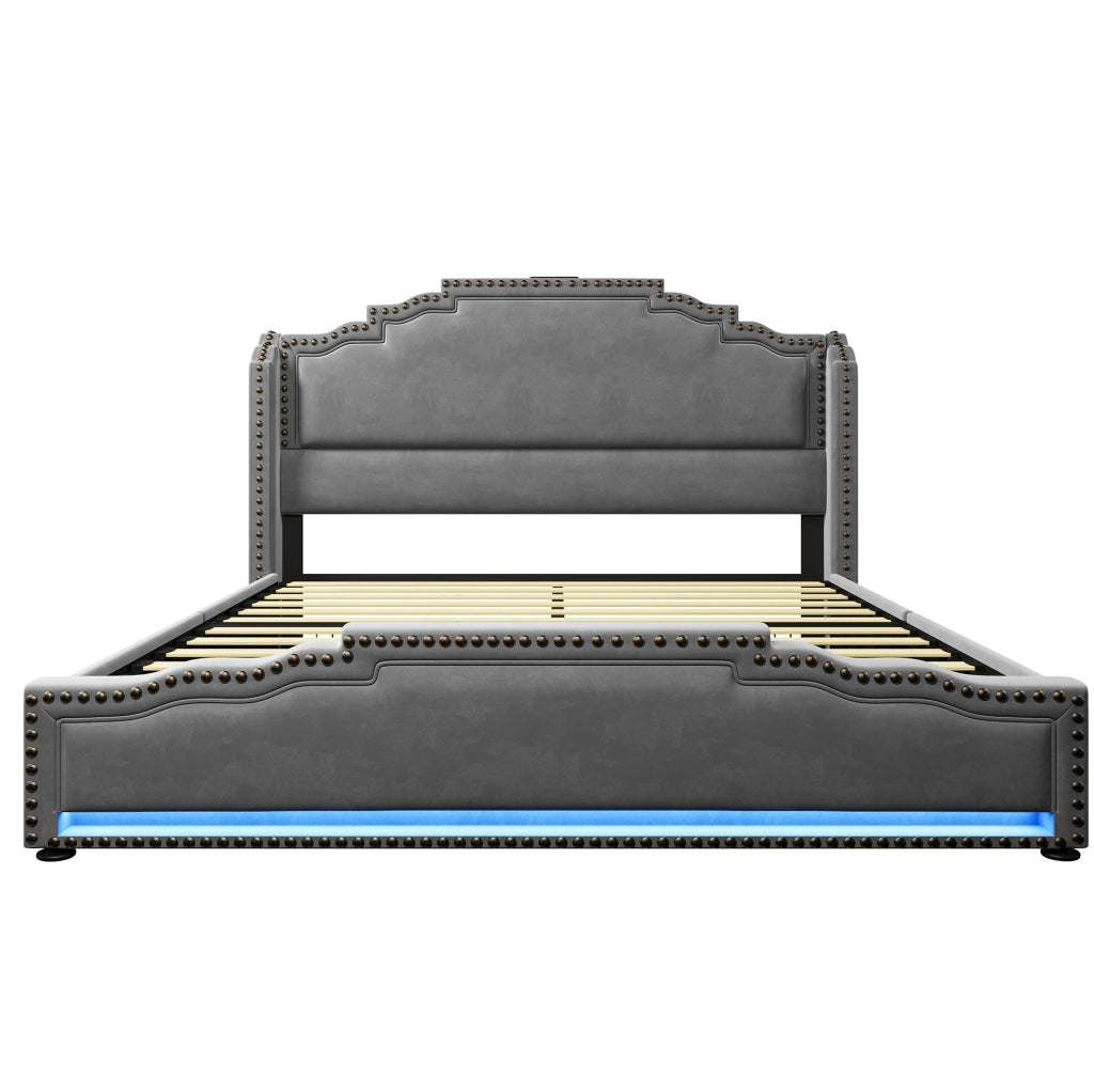 Letto 160x200 cm con 4 cassetti; LED e USB Type-C in velluto grigio