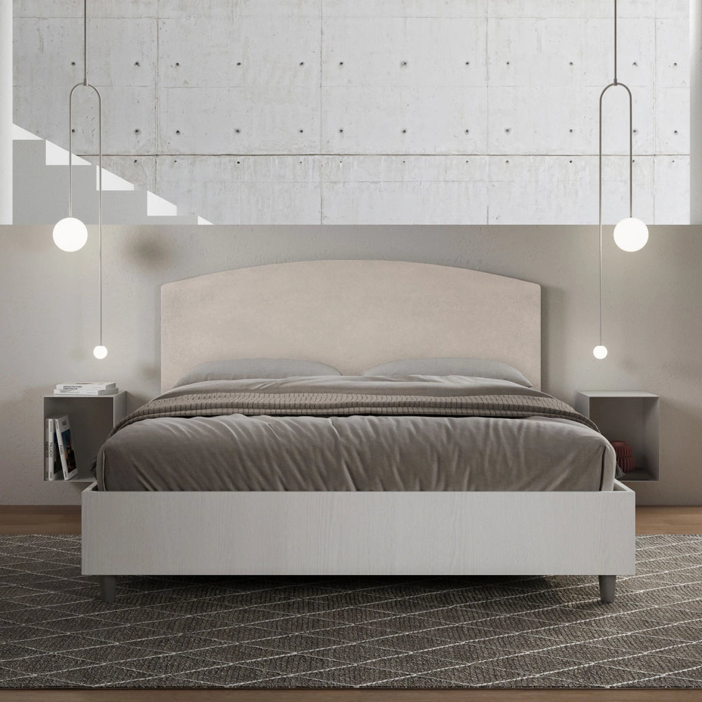 BS COM Letto matrimoniale con rete 160x200 bianco frassino testata microfibra sabbia
