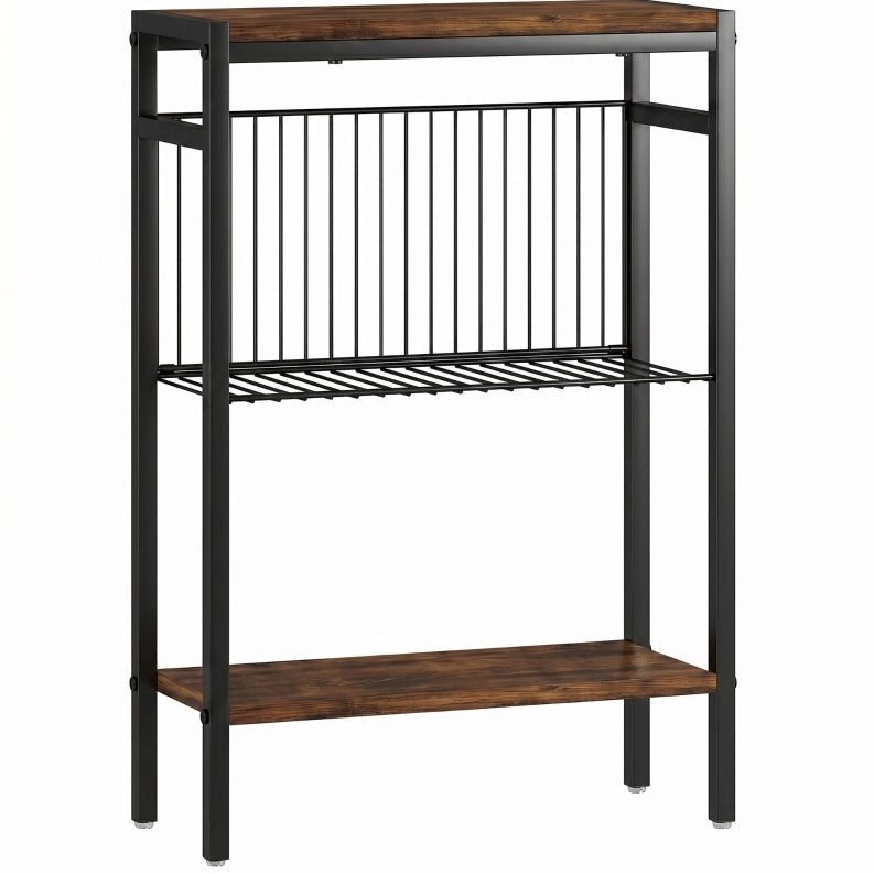 Tavolino Laterale con 3 Ripiani in Truciolato e Struttura in Metallo, Marrone Rustico, 43x18x62,5 cm