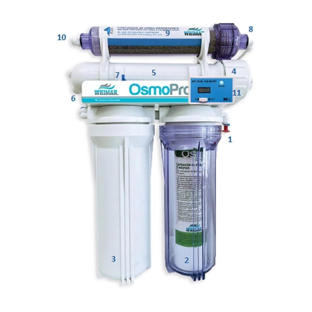 Whimar OsmoPro Tech Plus 75GPD 285L/g - Impianto bicchiere con membrana Pentair, flush-valve, post-filtro deionizzante e TDS