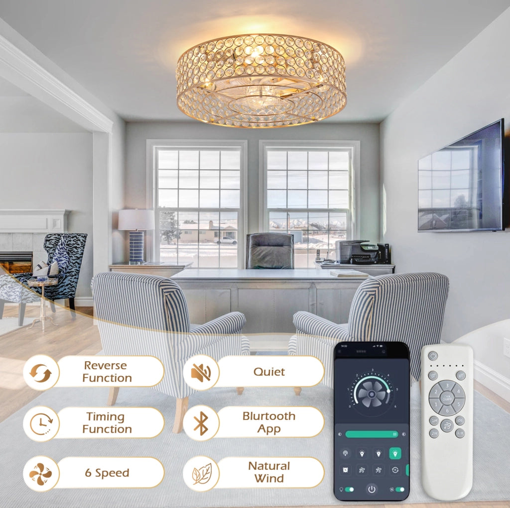Ventilatore da soffitto ULEVR con luce 19 pollici, cristalli dorati, 6 velocit¨¤, reversibile, app e telecomando