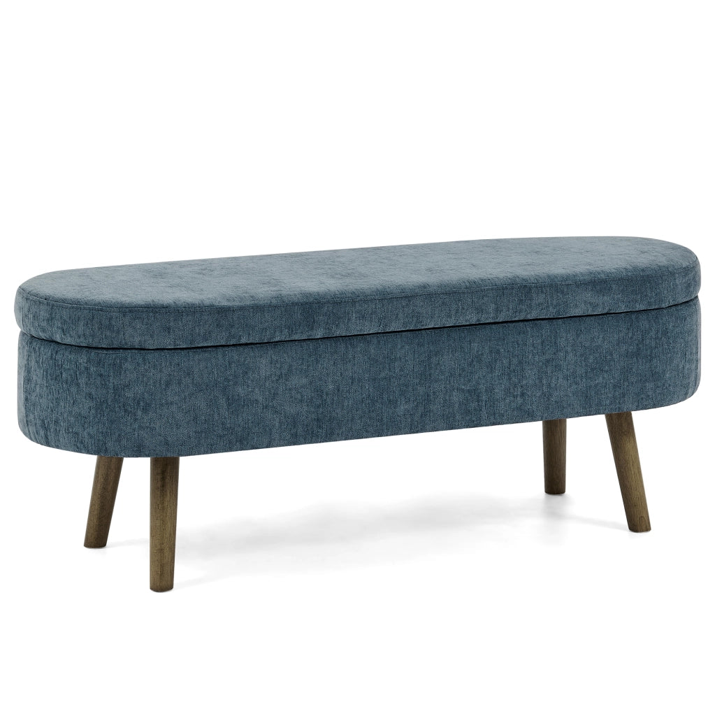 Panca contenitore ovale 110x40x42 cm con vano da 20 L in ciniglia blu e legno massello