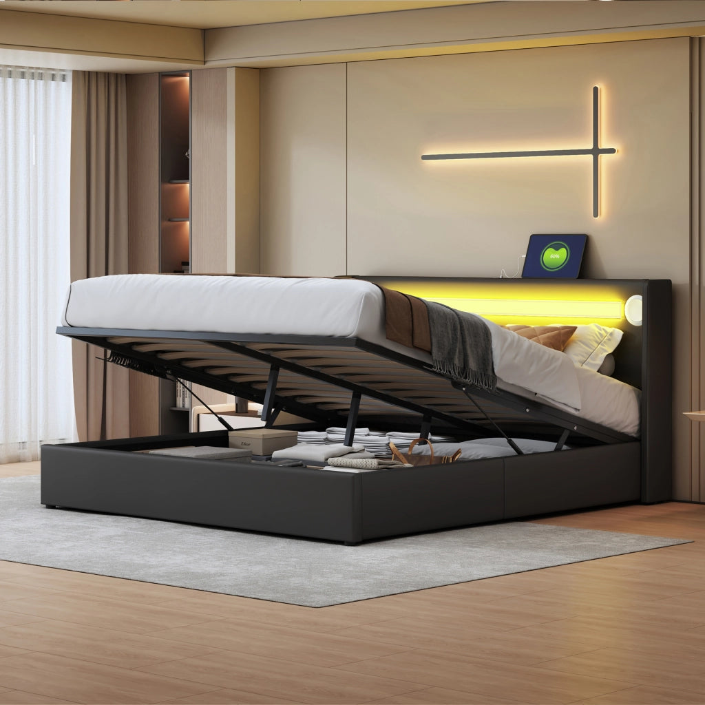 LETTO MATRIMONIALE 160x200 cm in PU nero con LED, Bluetooth e 2 porte USB