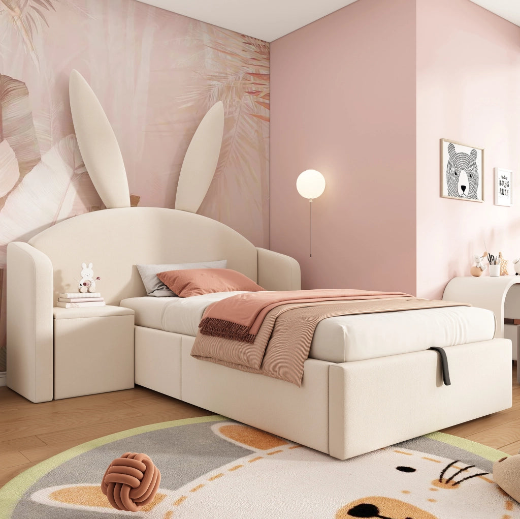 Letto imbottito per bambini ULEVR 90x200 cm con contenitore idraulico, comodino montabile a sinistra o destra, beige