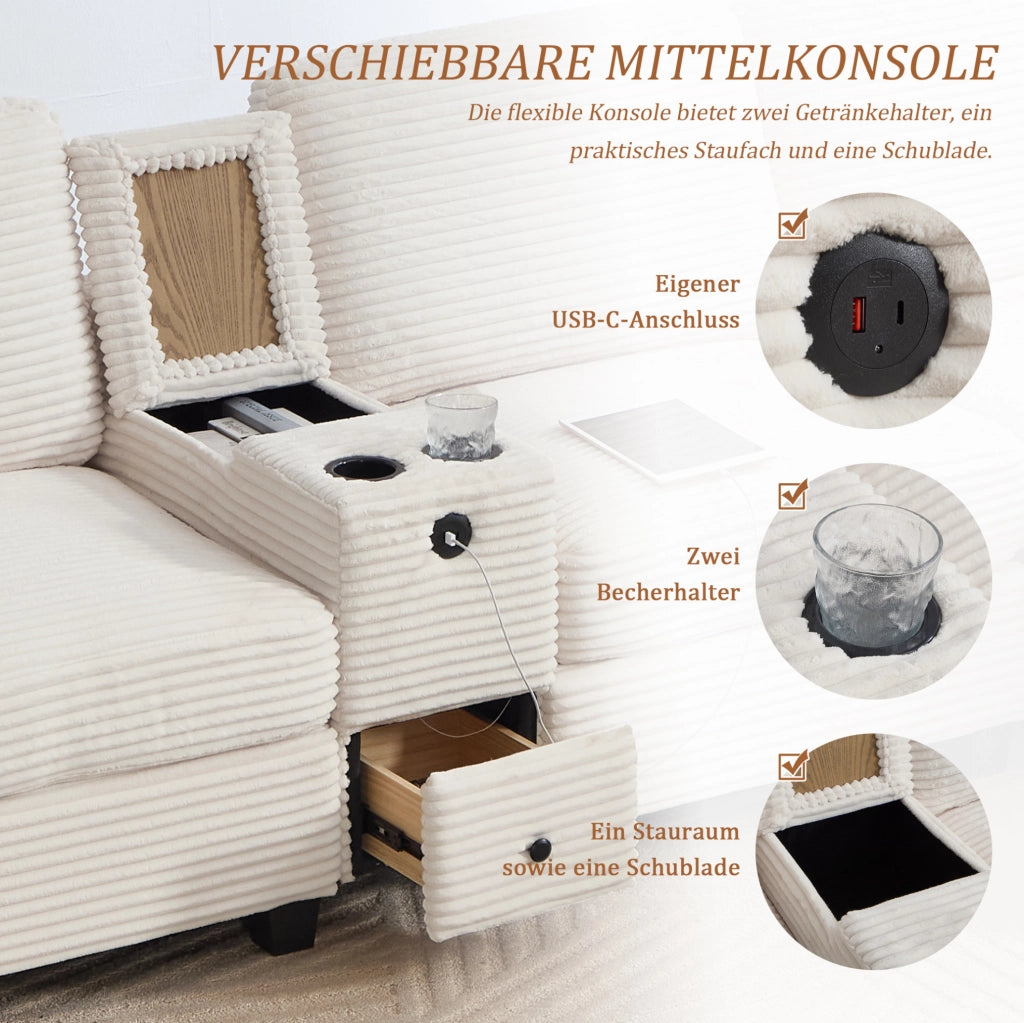 Divano beige in velluto a coste con console scorrevole; USB-C e pouf contenitore – 266 × 136 × 82 cm