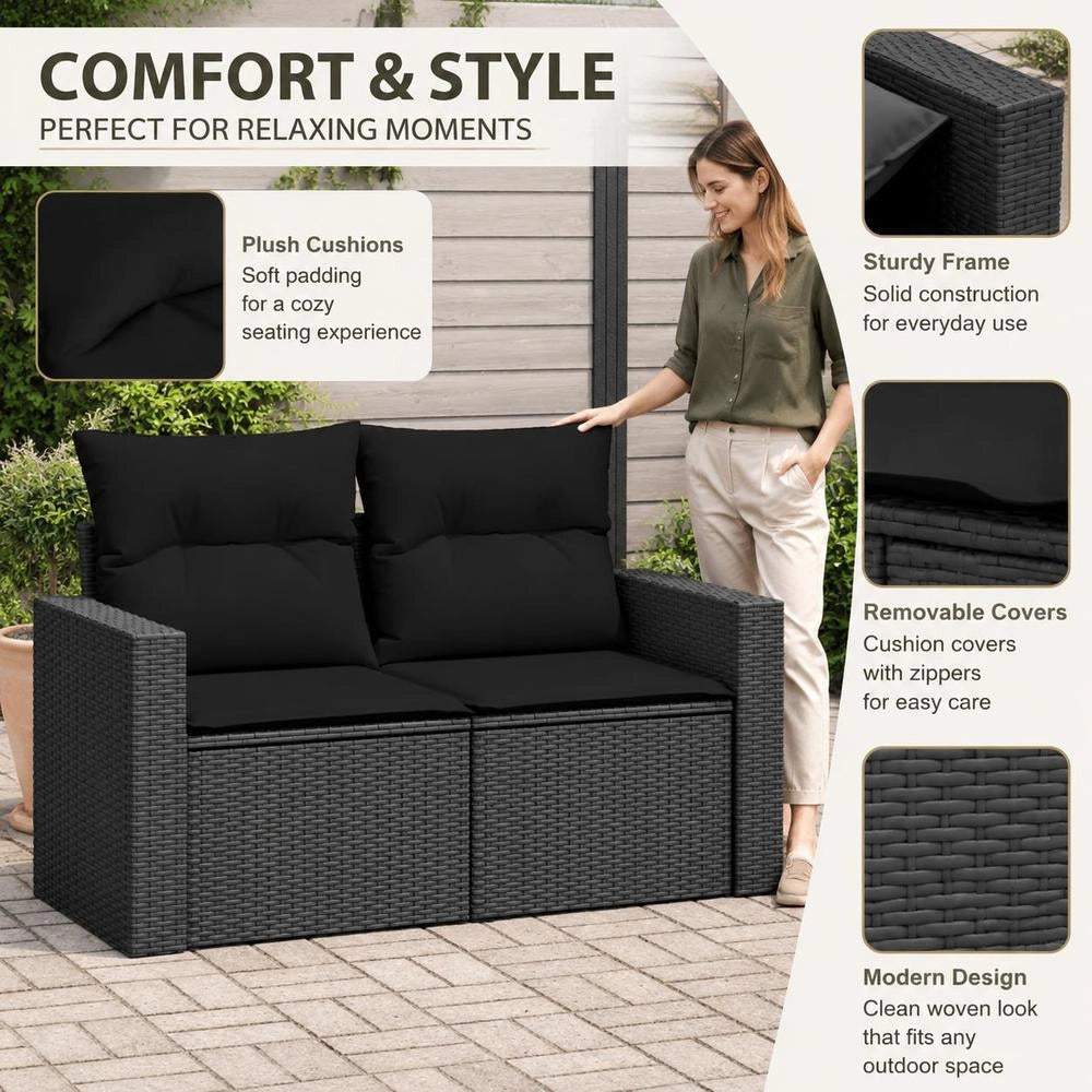Garden Sofa With Cushions 2-seater Black Poly Rattan