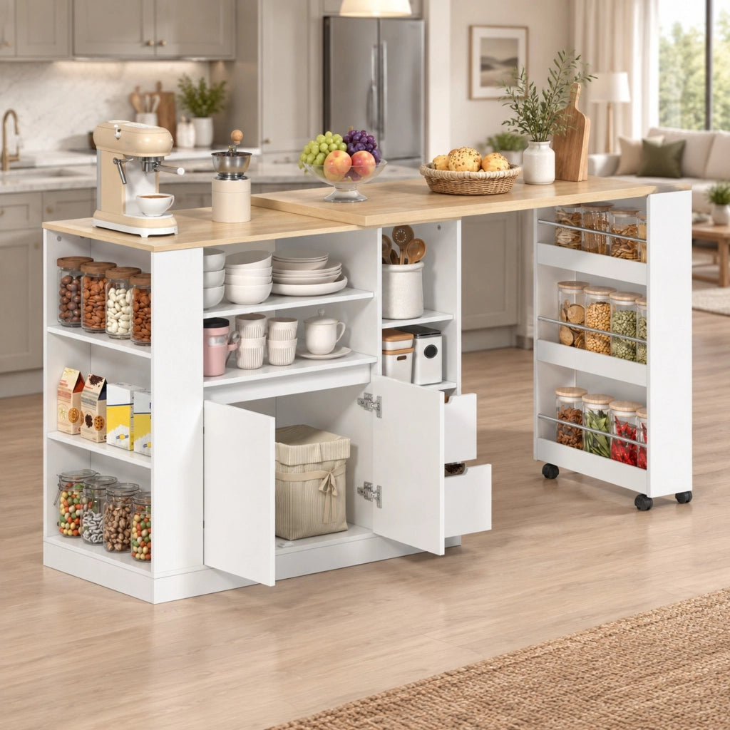Isola cucina 115x50x92 cm con piano girevole estraibile; 2 cassetti e ripiani bianco/naturale HOMVRA