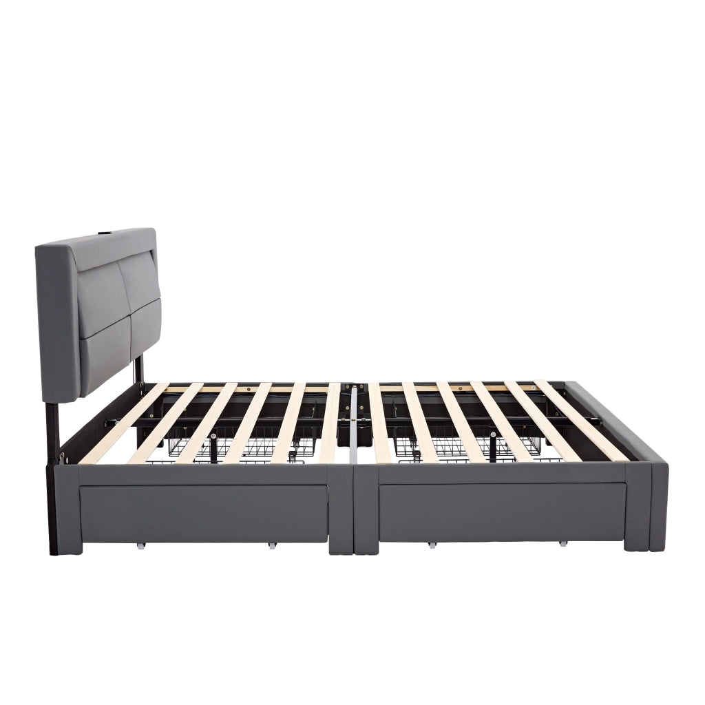 Letto imbottito 140 × 200 cm con USB ricarica wireless LED 12 colori quattro cassetti in PU grigio