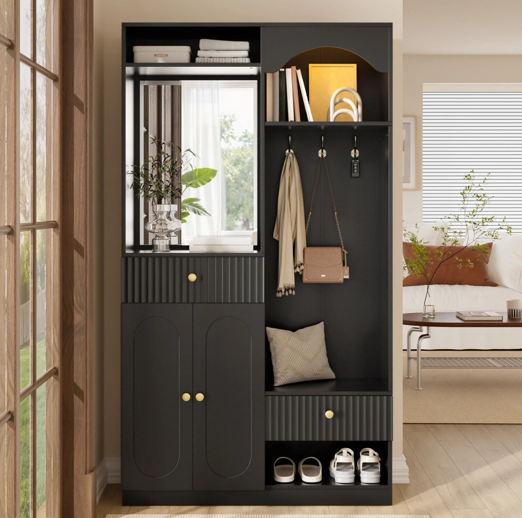Garderoba compatta con specchio, panca, appendiabiti e luci LED regolabili, MDF nero 100x35x180 cm