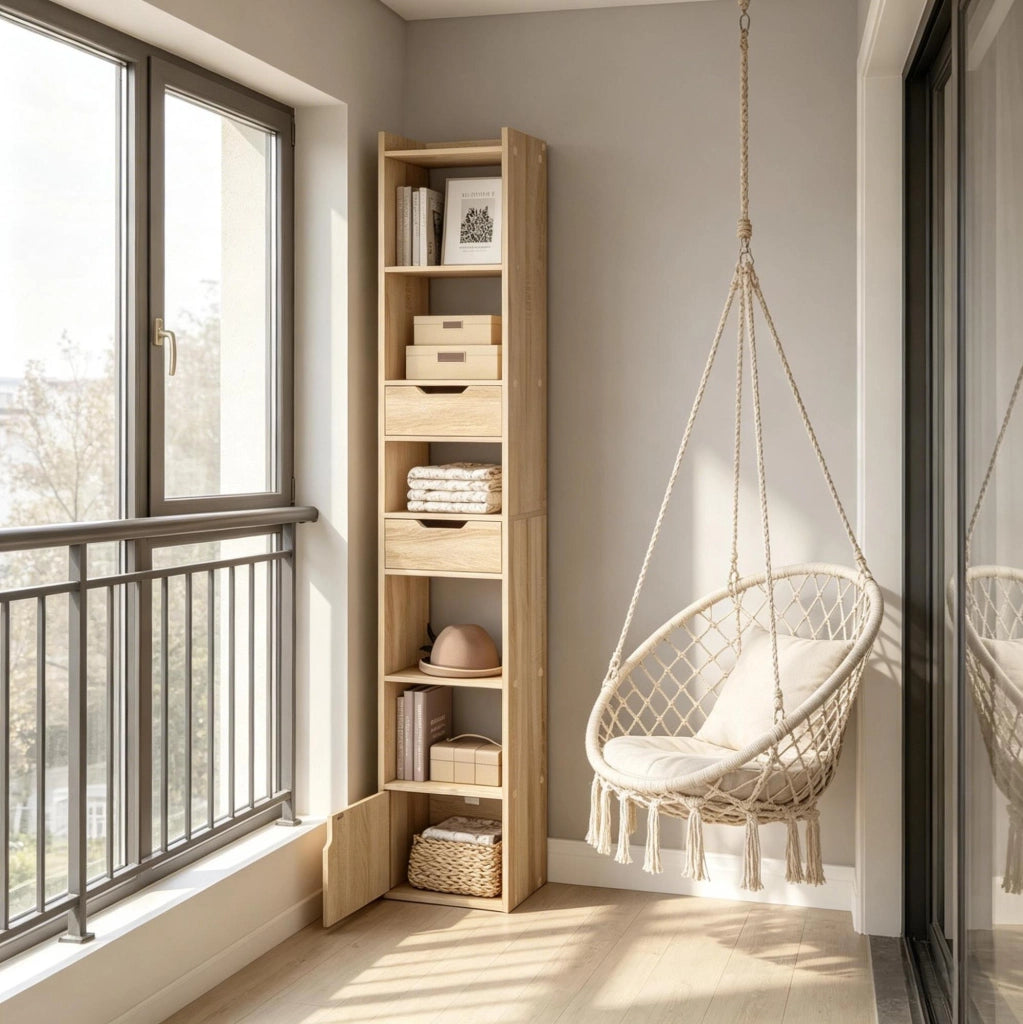 Libreria verticale moderna in legno E1, 33x181x24 cm, color rovere chiaro, con ripiani e cassetti