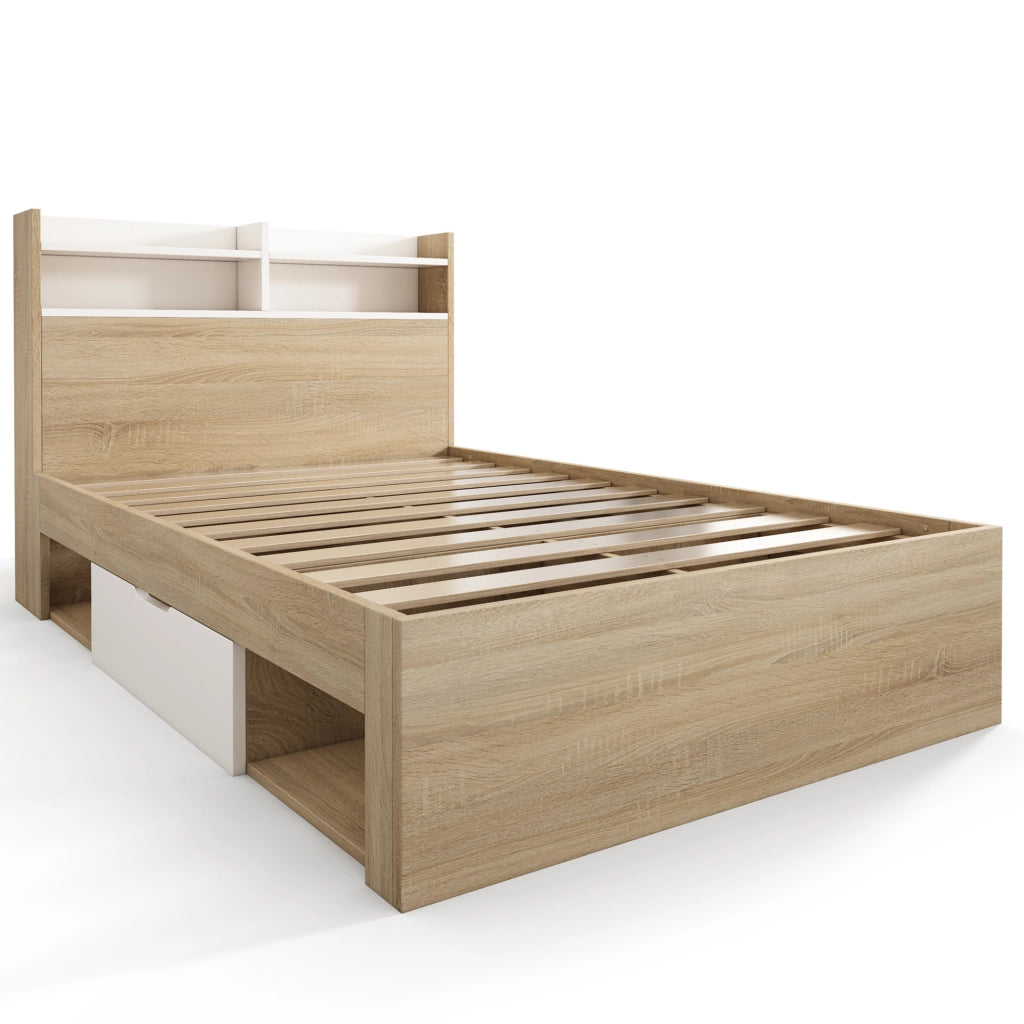 Letto 90x190 cm con ripiani testiera e 2 cassetti in legno bianco e rovere