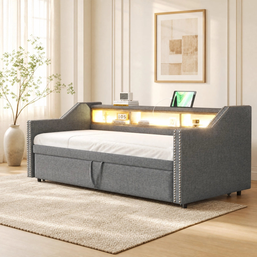 Divano letto imbottito estraibile 90 × 190 cm con rete a doghe LED USB grigio chiaro