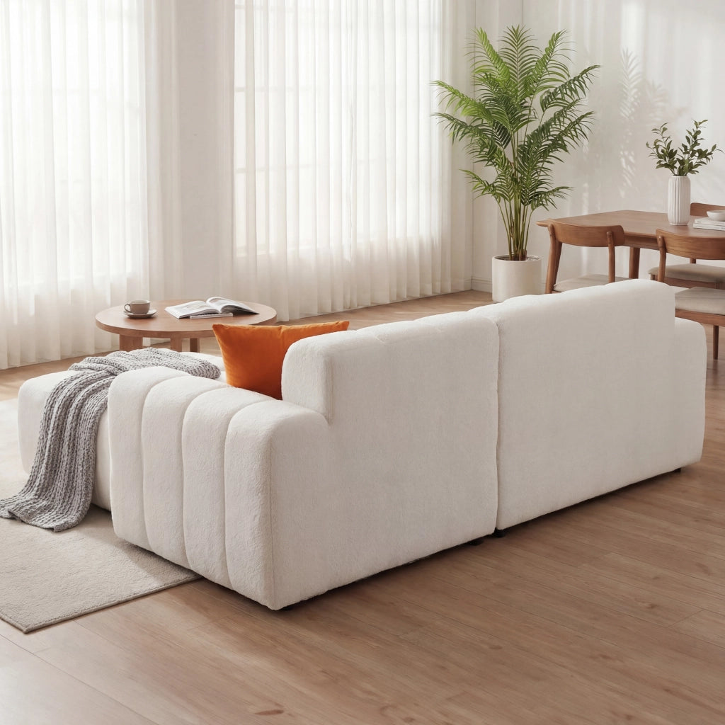 Divano angolare modulare a L; chaise longue; seduta confortevole; ciniglia bianca testurizzata; per soggiorno o studio; 249;94x99;06x59;94 cm