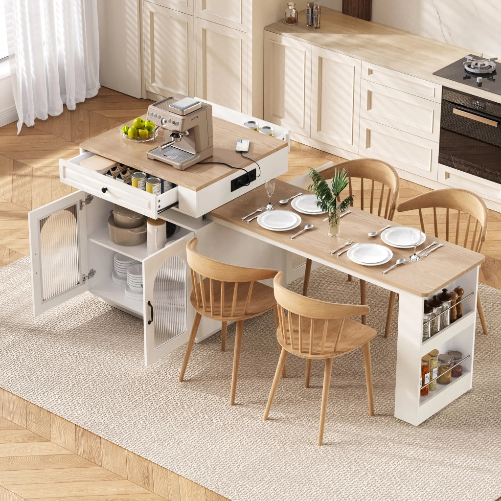 Isola Cucina con Ruote e Tavolo da Pranzo Allungabile; Tavolo Bar con Prese Elettriche; LED a 5 Colori; 128-200 cm; Bianco