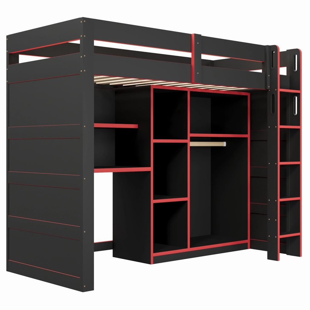 Letto a soppalco 90x200 cm con scrivania; armadio e LED; MDF e compensato nero e rosso