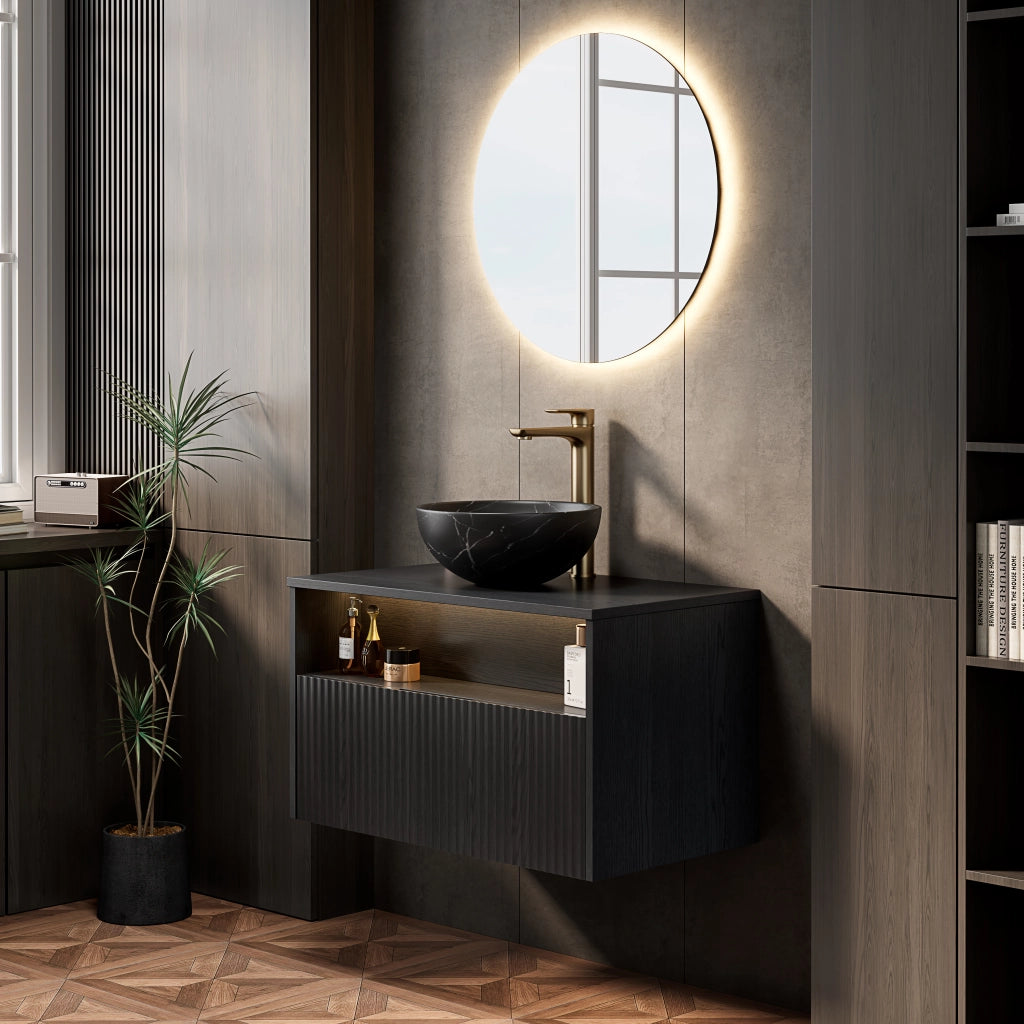 Mobile bagno sospeso con 1 cassetto e 1 vano aperto; lavabo in ceramica; LED con sensore e chiusura ammortizzata; nero 80×46×60.8 cm