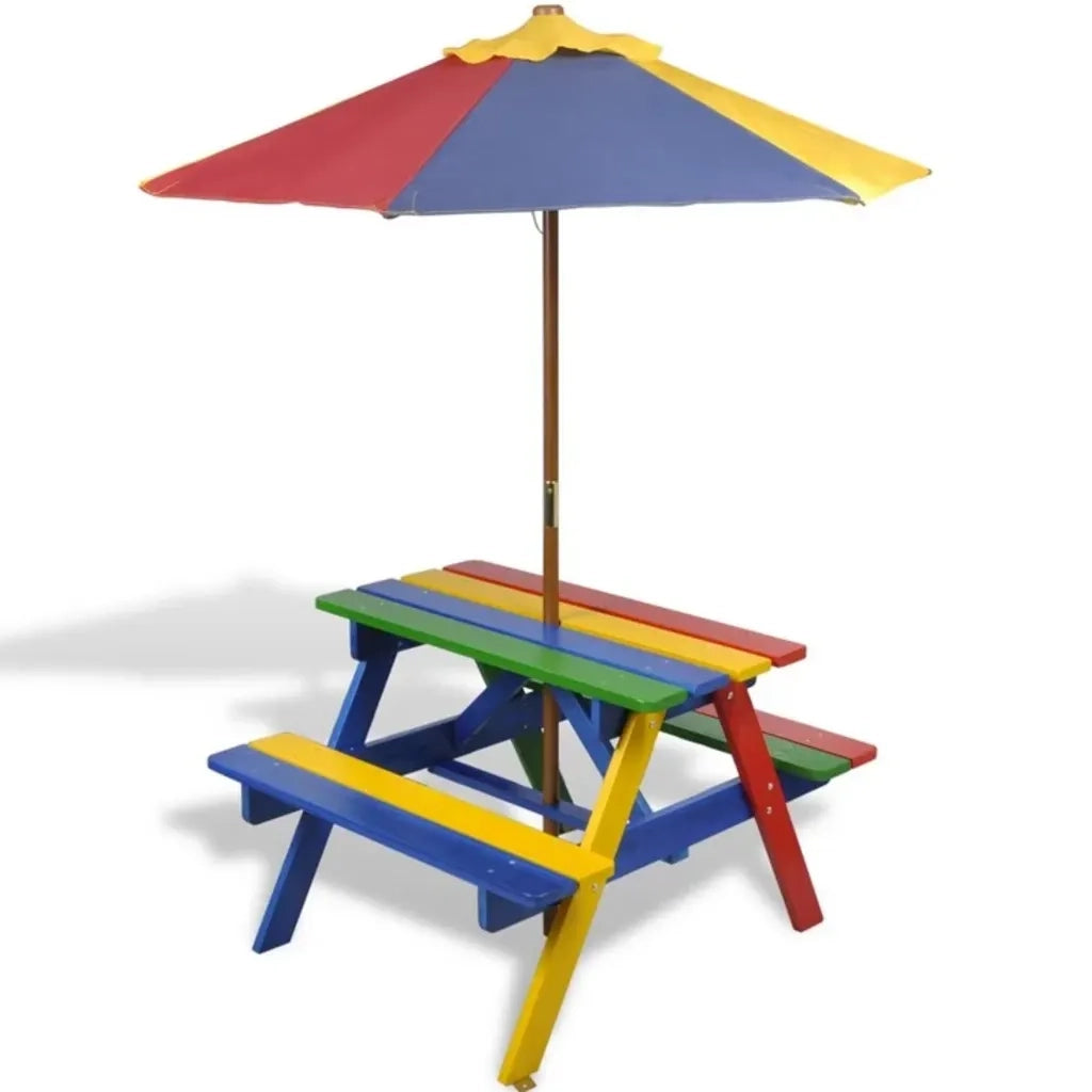 Tavolo e Panchine per Bambini con Parasole Legno Multicolore 40773