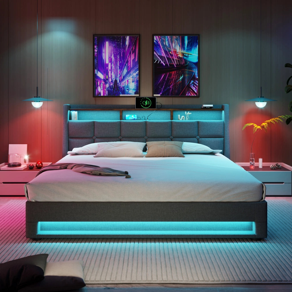 Letto imbottito 160 × 200 cm con contenitore LED USB rivestito in lino grigio con rete a doghe e testiera