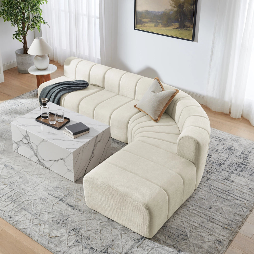 Divano angolare modulare 4 posti in chenille beige con moduli multifunzionali