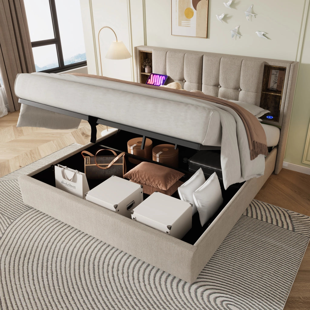 LETTO Contenitore 160x200 cm Lino Naturale con ricarica wireless USB-C