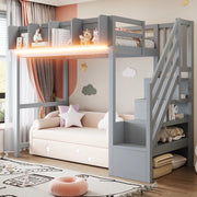Letto a soppalco 90x200 cm con LED, ripiani e scala in pino, compensato e MDF grigio
