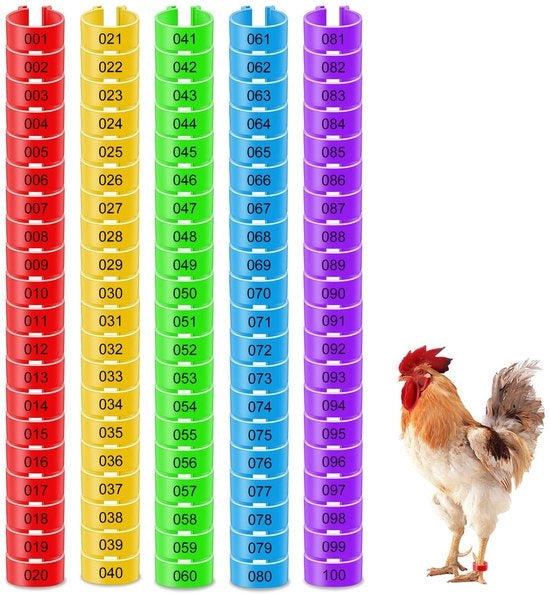 Anelli per piede di pollo in plastica 100 pezzi - 16mm di diametro - numerazione colorata - identificazione per polli/oca - anelli per piedi di volatili