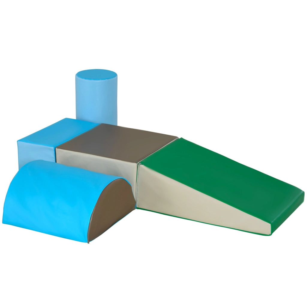 Set Costruzioni Morbide per Bimbi 1-3 Anni con 5 Blocchi Colorati, Set da Gioco Blocchi Morbidi per bambini in Finta Pelle e Schiuma, Marrone, Cachi, Blu, Verde e Celeste