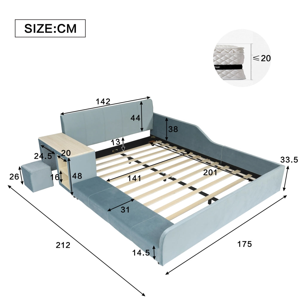 Letto singolo con scrivania in velluto blu 140x200 cm
