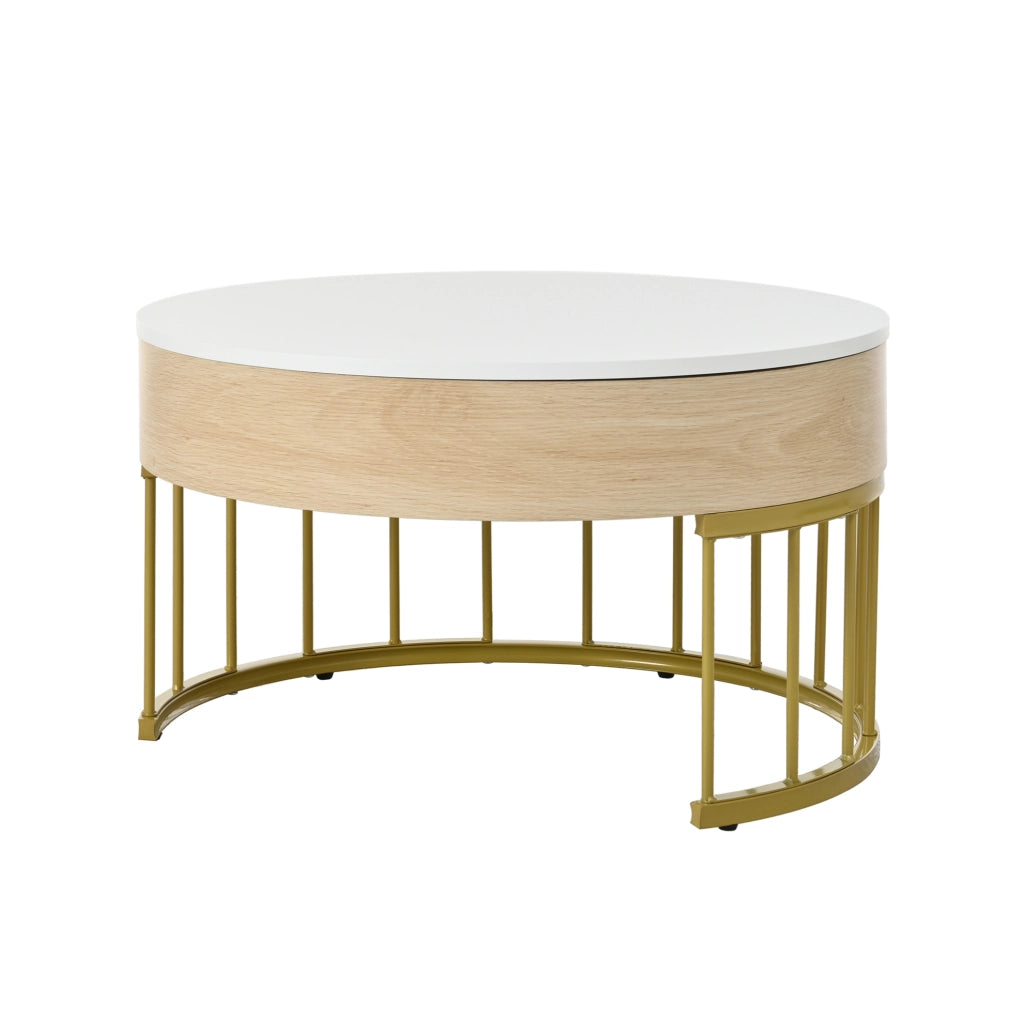 Set di 2 tavolini rotondi con piano sollevabile e cassetto in MDF bianco e oro