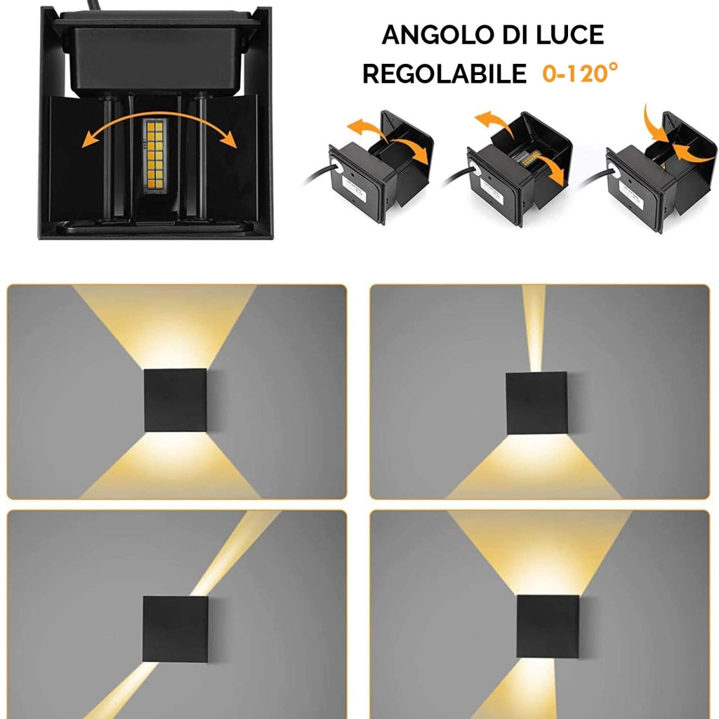 Applique cubo IP65 LED 12W CCT da 3000K a 6500K lampada parete moderna doppio fascio luminoso luce facciata giardino terrazzo NERO
