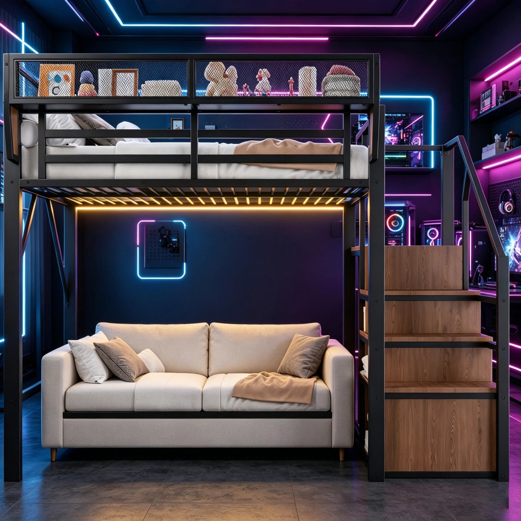 Letto a soppalco 140x200 cm con LED multicolore; scala di sicurezza e ripiani flessibili; metallo nero