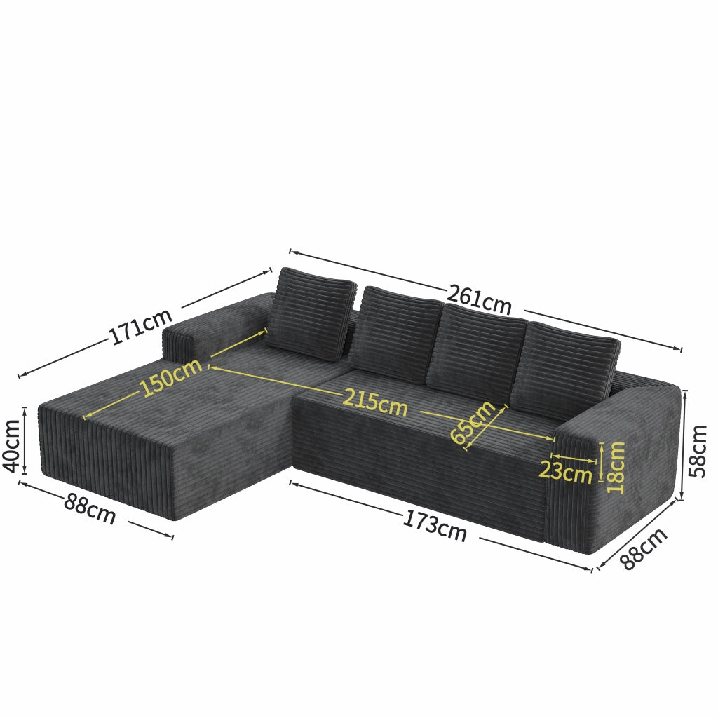 Divano modulare a L con chaise longue configurabile in velluto a coste grigio seduta profonda senza montaggio
