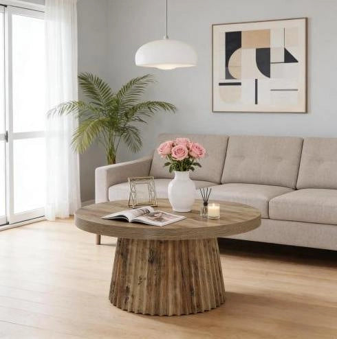 Tavolino da salotto rotondo in MDF con base scanalata, 80 cm, design minimalista