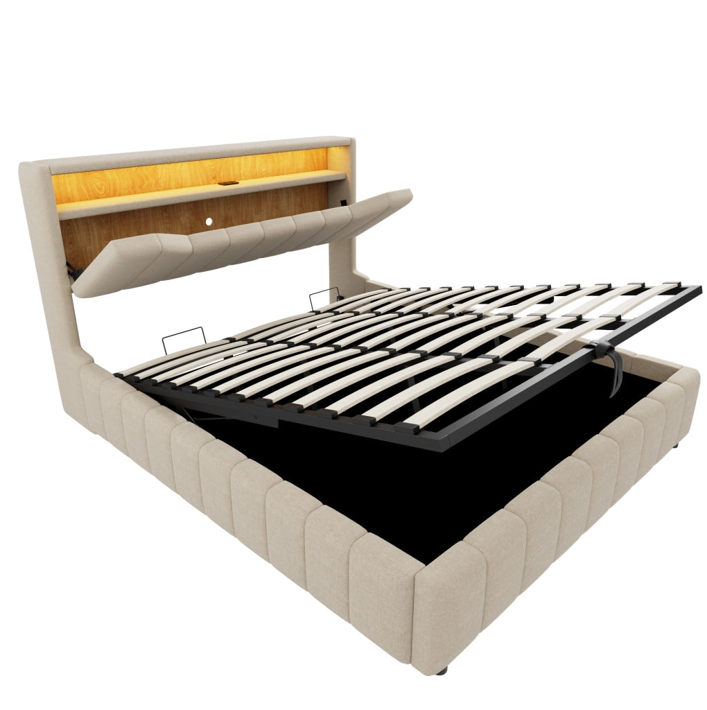 Letto contenitore ULEVR 180x200 cm con sistema idraulico, LED, USB e USB-C, rivestimento in tessuto beige