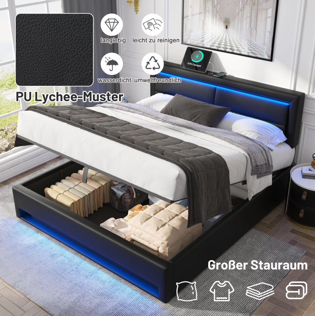 Letto imbottito 160x200 cm con LED, USB e ricarica wireless
