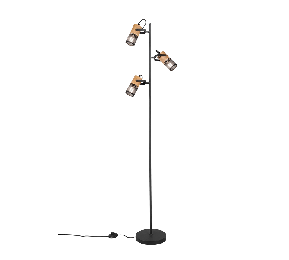 Lampada Piantana 3 Luci Cilindri Gabbia Metallo Nero Legno 150 cm Tosh GD Trio